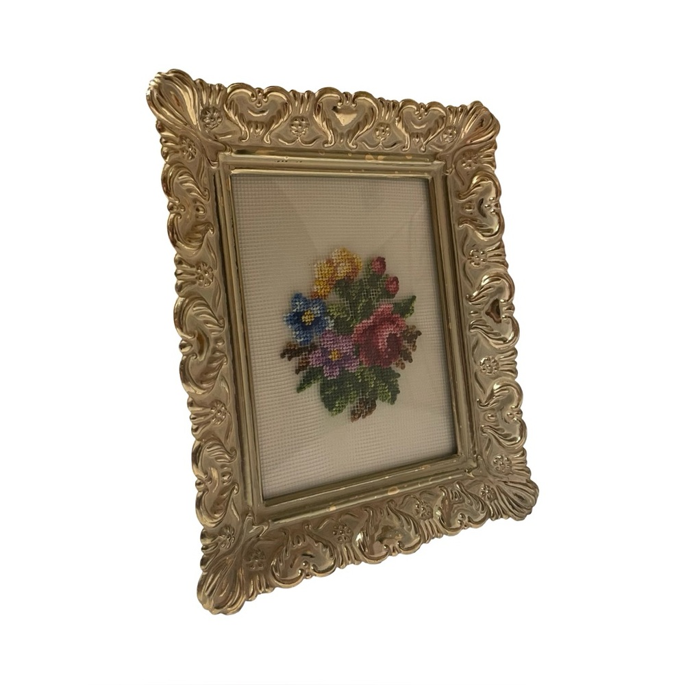 Vintage Petit Point Floral Needlepoint in Ornate Gold-Tone Frame 🌸✨